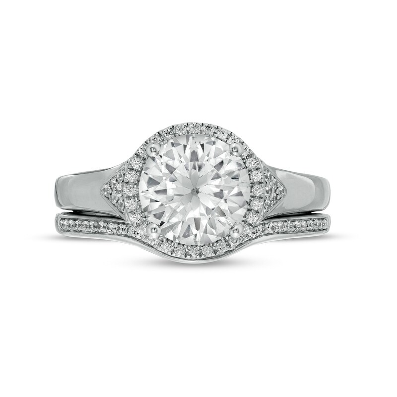 Main Image 4 of 8.0mm White Lab-Created Sapphire and 1/5 CT. T.W. Diamond Frame Chevron Size Accent Bridal Set in Sterling Silver