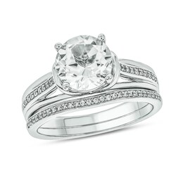 8.0mm White Lab-Created Sapphire and 1/6 CT. T.W. Diamond Collar Split Shank Bridal Set in Sterling Silver
