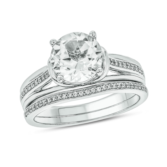 8.0mm White Lab-Created Sapphire and 1/6 CT. T.w. Diamond Collar Split Shank Bridal Set in Sterling Silver