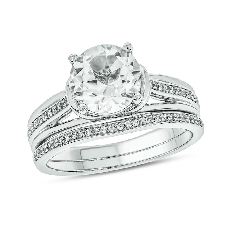Main Image 1 of 8.0mm White Lab-Created Sapphire and 1/6 CT. T.W. Diamond Collar Split Shank Bridal Set in Sterling Silver