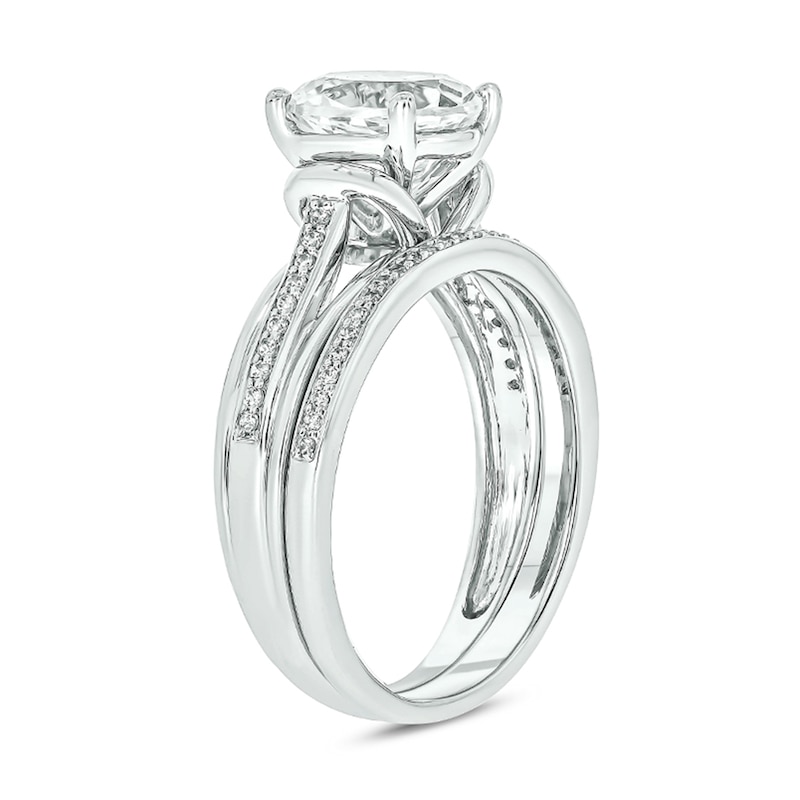 Main Image 2 of 8.0mm White Lab-Created Sapphire and 1/6 CT. T.W. Diamond Collar Split Shank Bridal Set in Sterling Silver