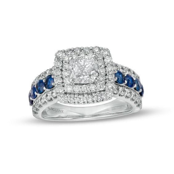 Vera Wang Love Collection 2 CT. T.w. Certified Lab-Grown Diamond Engagement Ring with Blue Sapphires in 14K White Gold