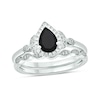 Thumbnail Image 1 of Pear-Shaped Black Sapphire and 1/6 CT. T.W. Diamond Frame Leaf-Sides Vintage-Style Bridal Set in 10K White Gold