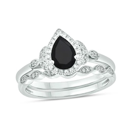 Pear-Shaped Black Sapphire and 1/6 CT. T.W. Diamond Frame Leaf-Sides Vintage-Style Bridal Set in 10K White Gold