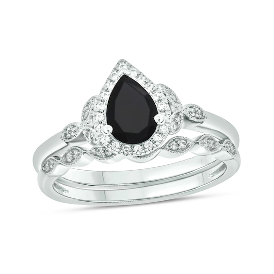 Pear-Shaped Black Sapphire and 1/6 CT. T.w. Diamond Frame Leaf-Sides Vintage-Style Bridal Set in 10K White Gold