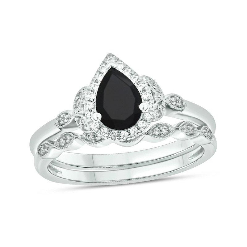 Main Image 1 of Pear-Shaped Black Sapphire and 1/6 CT. T.W. Diamond Frame Leaf-Sides Vintage-Style Bridal Set in 10K White Gold