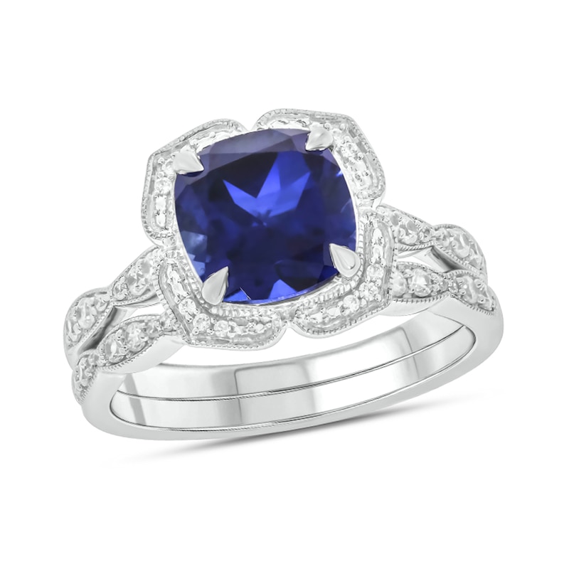 Main Image 1 of Cushion-Cut Blue Lab-Created Sapphire and 1/3 CT. T.W. Diamond Petal Frame Vintage-Style Bridal Set in Sterling Silver