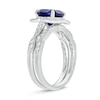 Thumbnail Image 2 of Cushion-Cut Blue Lab-Created Sapphire and 1/3 CT. T.W. Diamond Petal Frame Vintage-Style Bridal Set in Sterling Silver