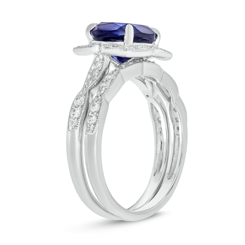 Main Image 2 of Cushion-Cut Blue Lab-Created Sapphire and 1/3 CT. T.W. Diamond Petal Frame Vintage-Style Bridal Set in Sterling Silver