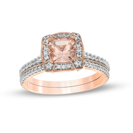 6.0mm Cushion-Cut Morganite and 3/8 CT. T.W. Diamond Compass Frame Tiara Bridal Set in 10K Rose Gold