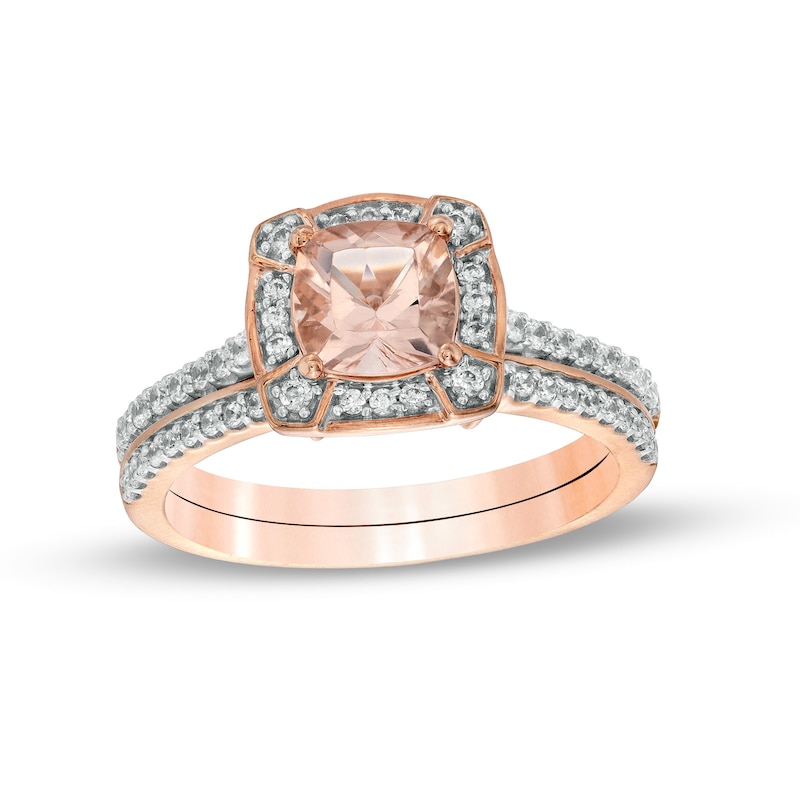 Main Image 1 of 6.0mm Cushion-Cut Morganite and 3/8 CT. T.W. Diamond Compass Frame Tiara Bridal Set in 10K Rose Gold