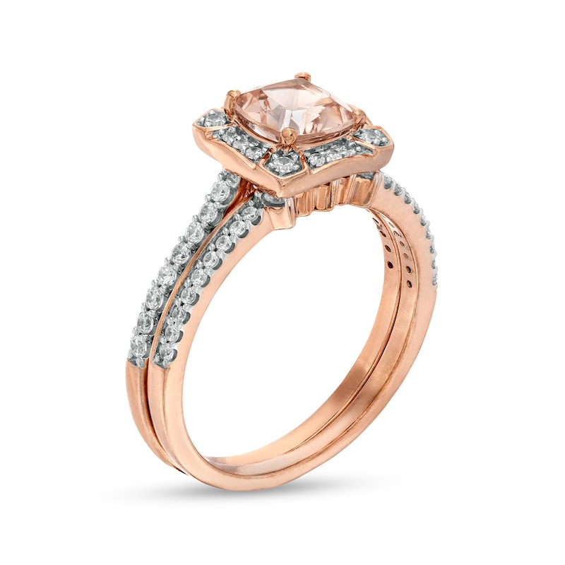Main Image 3 of 6.0mm Cushion-Cut Morganite and 3/8 CT. T.W. Diamond Compass Frame Tiara Bridal Set in 10K Rose Gold