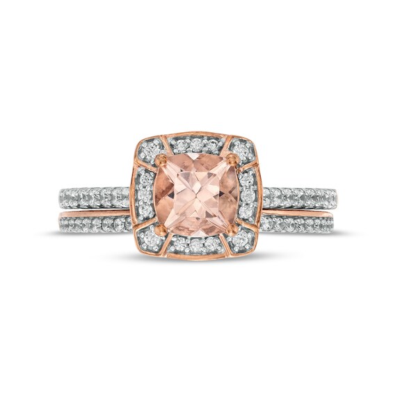 6.0mm Cushion-Cut Morganite and 3/8 CT. T.w. Diamond Compass Frame Tiara Bridal Set in 10K Rose Gold