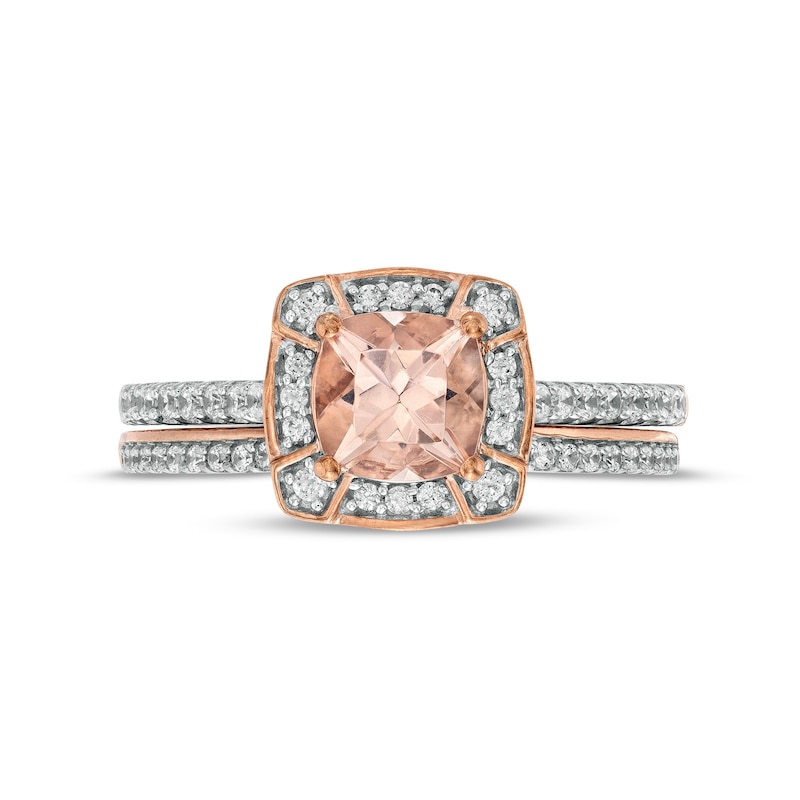 Main Image 4 of 6.0mm Cushion-Cut Morganite and 3/8 CT. T.W. Diamond Compass Frame Tiara Bridal Set in 10K Rose Gold