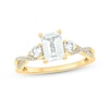 Thumbnail Image 1 of Emerald-Cut White lab-Created Sapphire and 1/10 CT. T.W. Diamond Three Stone Ring in Sterling Silver and 14K Gold Plate