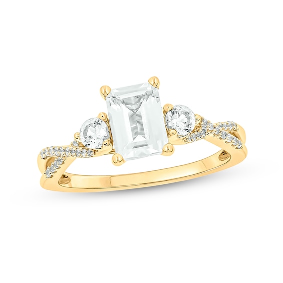 Emerald-Cut White lab-Created Sapphire and 1/10 CT. T.w. Diamond Three Stone Ring in Sterling Silver and 14K Gold Plate