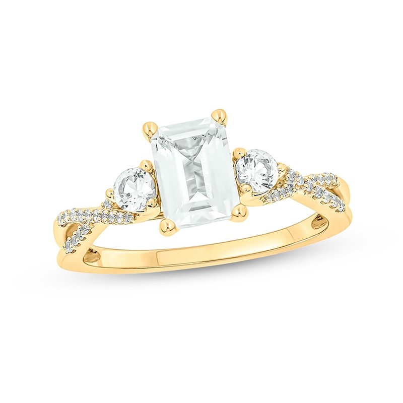 Main Image 1 of Emerald-Cut White lab-Created Sapphire and 1/10 CT. T.W. Diamond Three Stone Ring in Sterling Silver and 14K Gold Plate