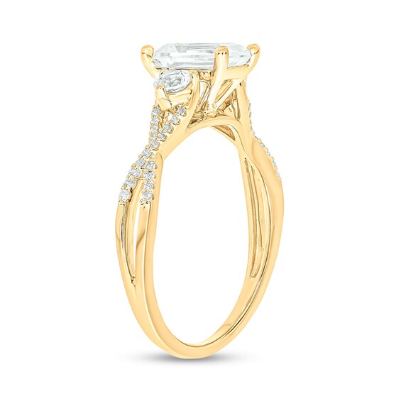 Emerald-Cut White lab-Created Sapphire and 1/10 CT. T.w. Diamond Three Stone Ring in Sterling Silver and 14K Gold Plate
