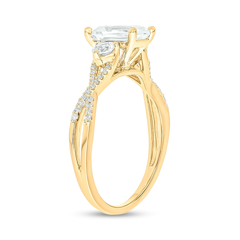 Main Image 2 of Emerald-Cut White lab-Created Sapphire and 1/10 CT. T.W. Diamond Three Stone Ring in Sterling Silver and 14K Gold Plate