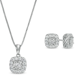 1 CT. T.W. Diamond Cushion-Shaped Frame Pendant and Stud Earrings Set in Sterling Silver