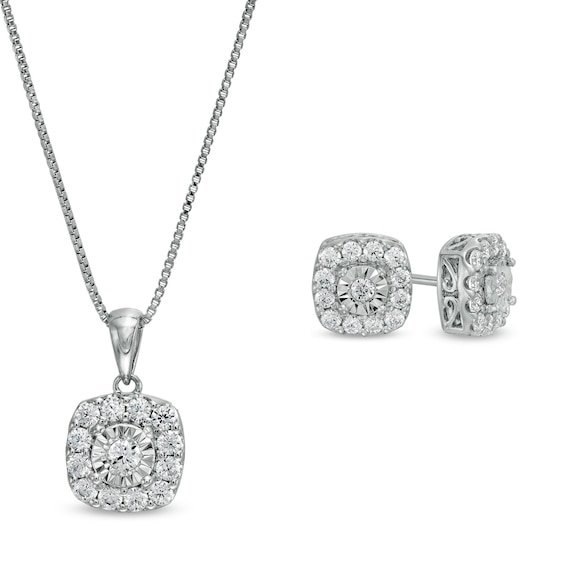 1 CT. T.w. Diamond Cushion-Shaped Frame Pendant and Stud Earrings Set in Sterling Silver