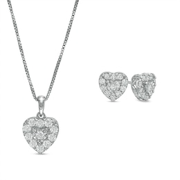 1 CT. T.W. Diamond Heart-Shaped Frame Pendant and Stud Earrings Set in Sterling Silver