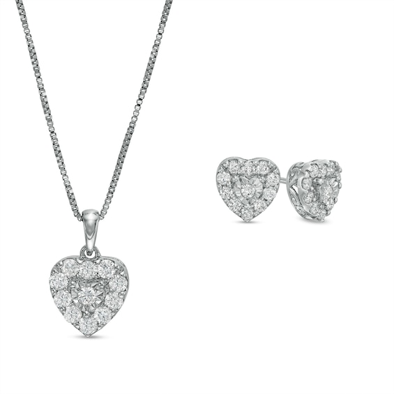 1 CT. T.w. Diamond Heart-Shaped Frame Pendant and Stud Earrings Set in Sterling Silver