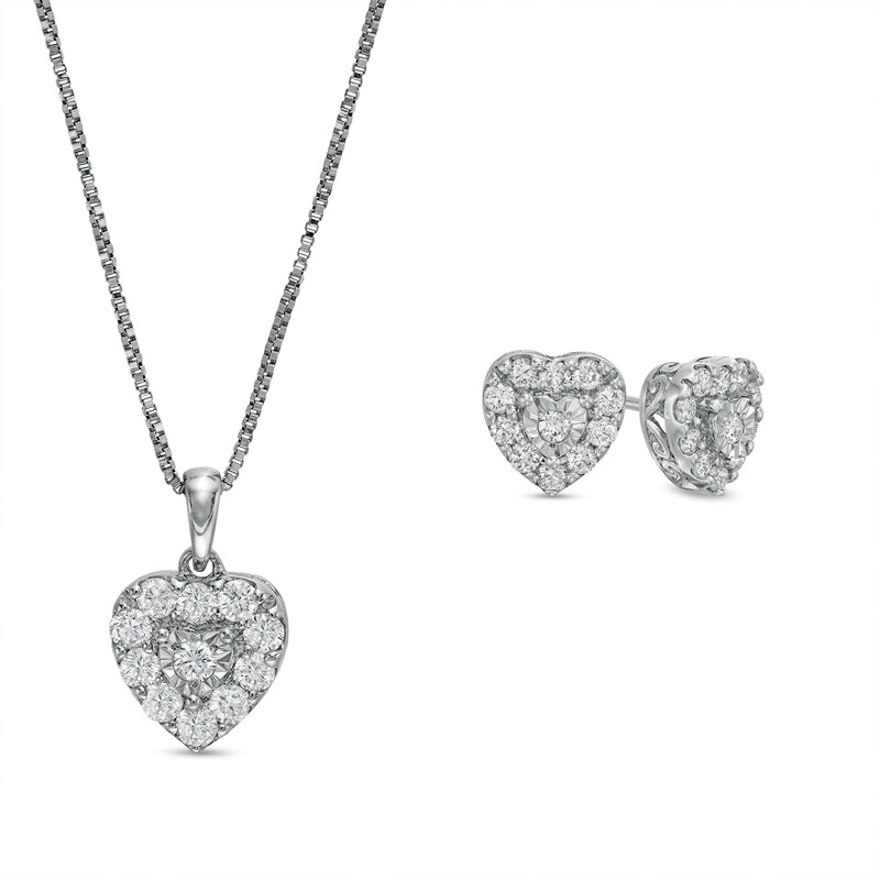 Main Image 1 of 1 CT. T.W. Diamond Heart-Shaped Frame Pendant and Stud Earrings Set in Sterling Silver