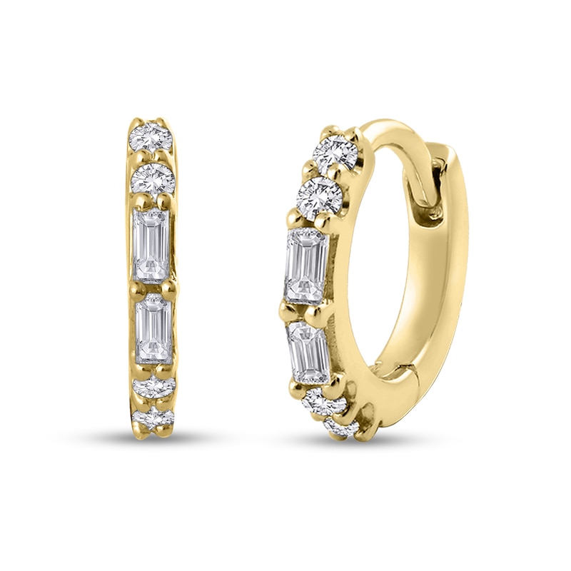 Main Image 1 of 1/8 CT. T.W. Baguette and Round Diamond Hoop Earrings in 10K Gold