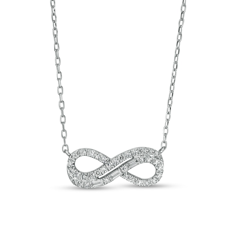 Main Image 1 of Marilyn Monroe™ Collection 1/4 CT. T.W. Baguette and Round Diamond Double Row Infinity Loop Necklace in 10K White Gold