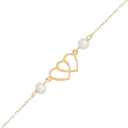 Child's 4.5-5.0mm Cultured Freshwater Pearl Double Heart Bracelet in 14K Gold – 6&quot;