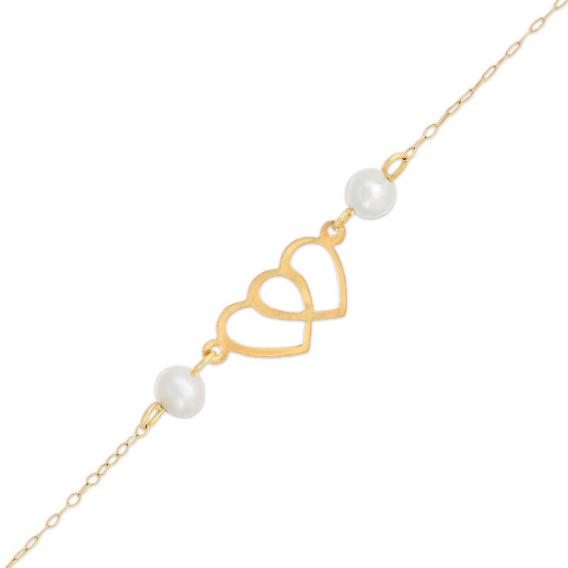 Main Image 1 of Child's 4.5-5.0mm Freshwater Cultured Pearl Double Heart Bracelet in 14K Gold – 6"