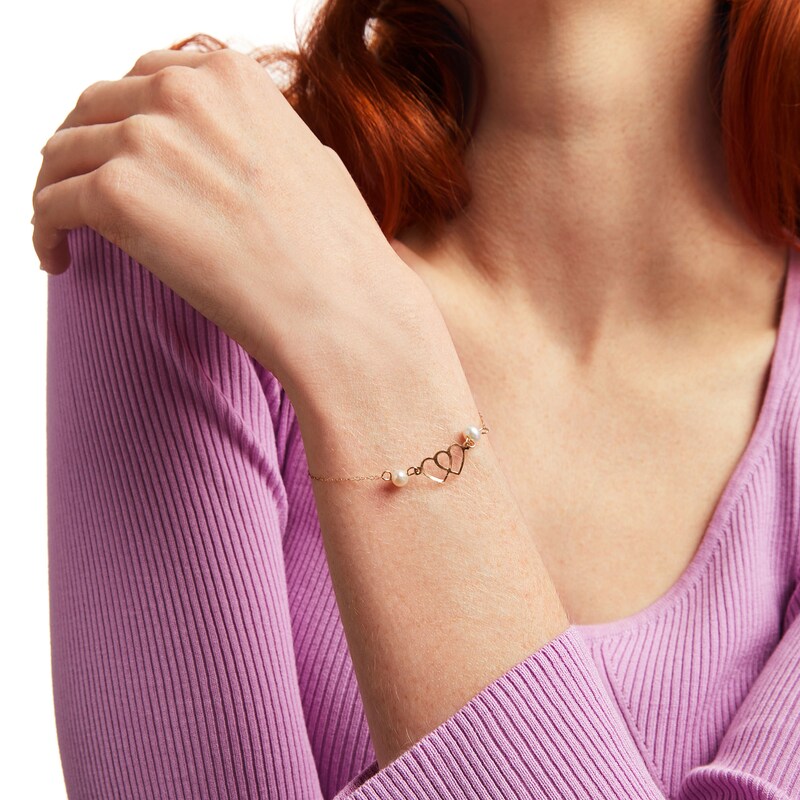 Main Image 2 of Child's 4.5-5.0mm Freshwater Cultured Pearl Double Heart Bracelet in 14K Gold – 6"