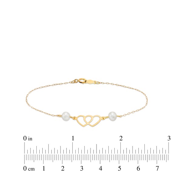 Child's 4.5-5.0mm Freshwater Cultured Pearl Double Heart Bracelet in 14K Gold â 6"