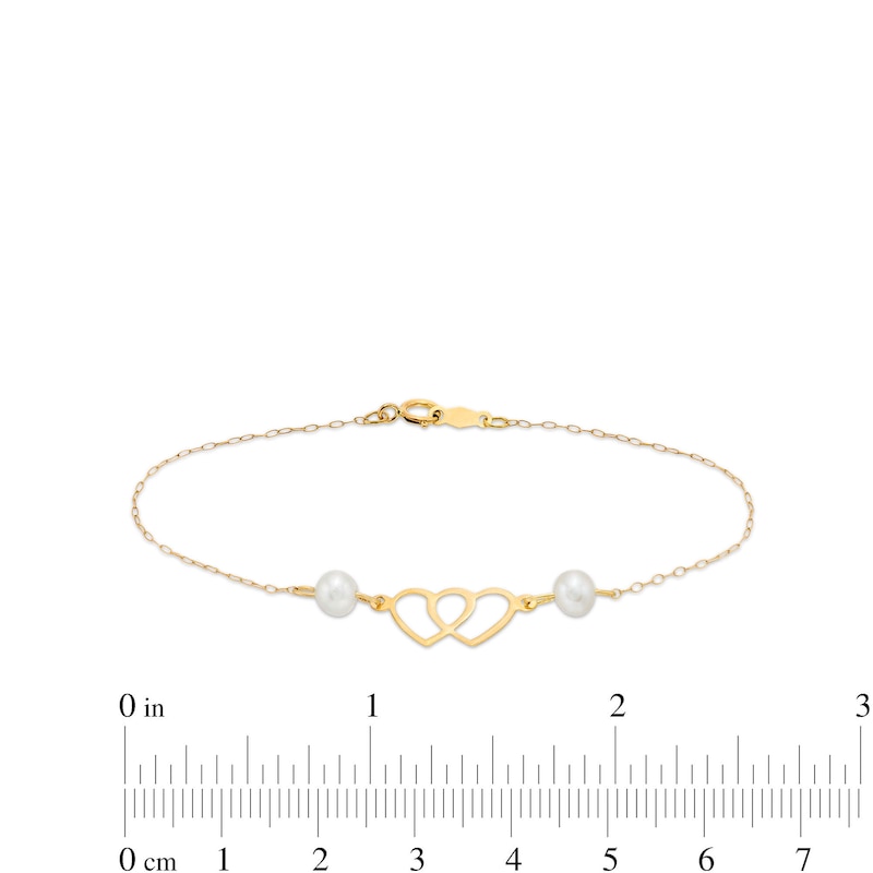Main Image 4 of Child's 4.5-5.0mm Freshwater Cultured Pearl Double Heart Bracelet in 14K Gold – 6"