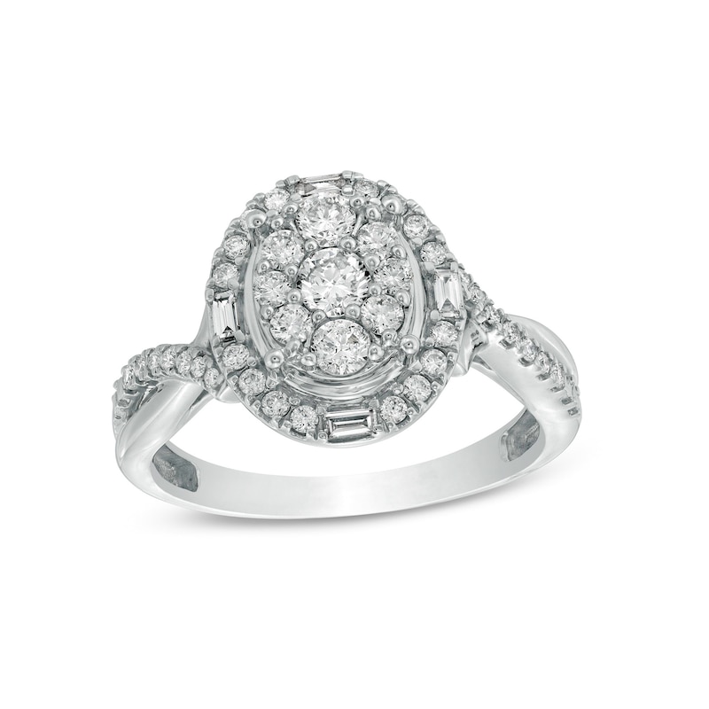 Main Image 1 of 3/4 CT. T.W. Composite Oval Diamond Frame Twist Shank Ring in 10K White Gold