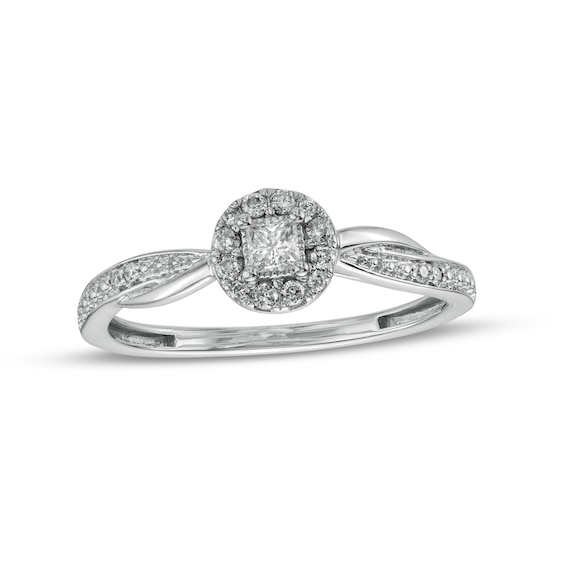 Cherished Promise Collection⢠1/5 CT. T.w. Princess-Cut Diamond Round Frame Twist Shank Promise Ring in 10K White Gold
