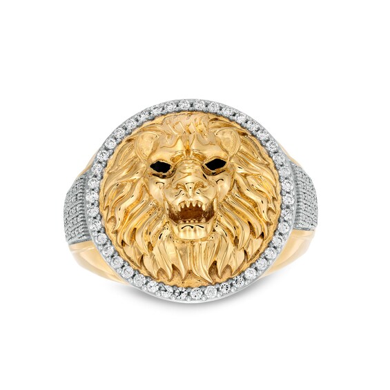 1/2 CT. T.w. Diamond Circle Frame Lion Head Domed Ring in 10K Gold and Black Rhodium