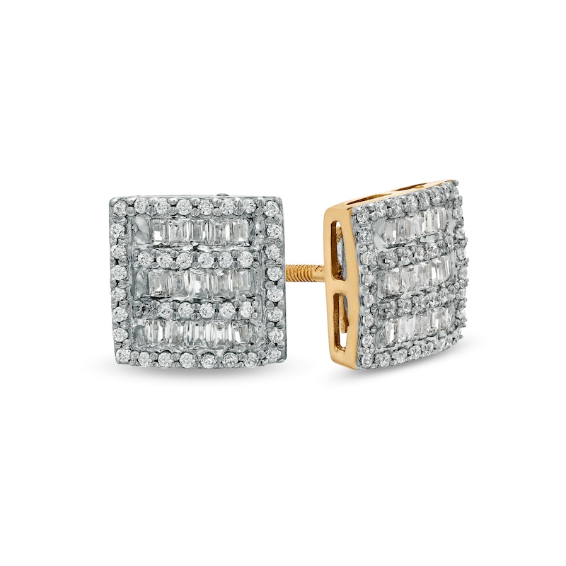 Main Image 1 of 1/2 CT. T.W. Baguette and Round Diamond Square Frame Alternating Stripe Stud Earrings in 10K Gold