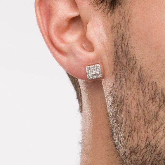 1/2 CT. T.w. Baguette and Round Diamond Square Frame Alternating Stripe Stud Earrings in 10K Gold