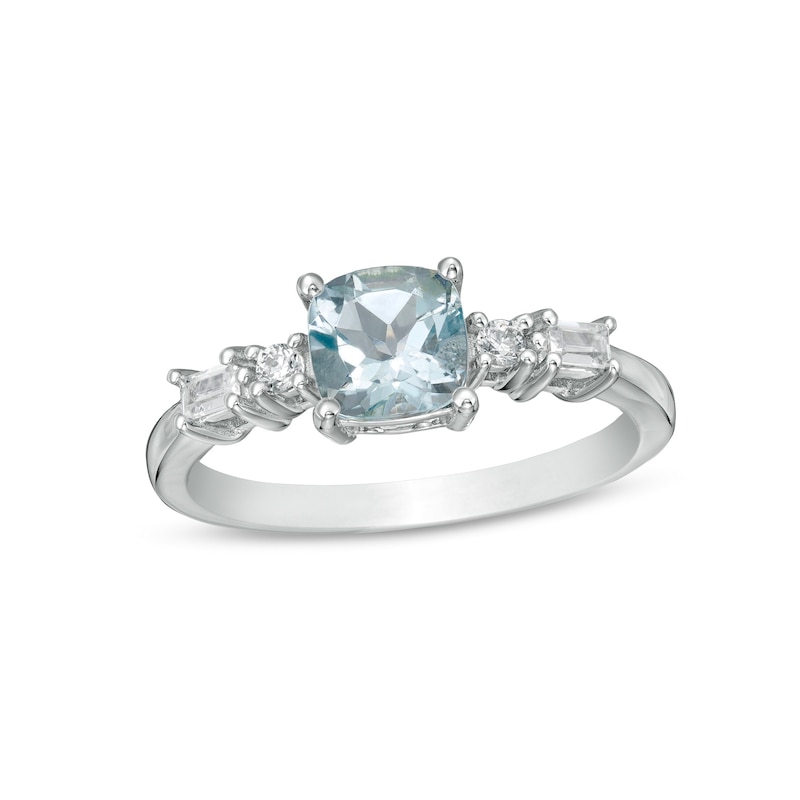 Main Image 1 of 6.0mm Cushion-Cut Aquamarine and 1/6 CT. T.W. Baguette and Round Diamond Side Accent Ring in 14K White Gold