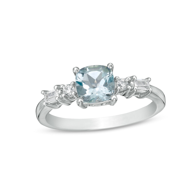 6.0mm Cushion-Cut Aquamarine and 1/6 CT. T.W. Baguette and Round Diamond Side Accent Ring in 14K White Gold