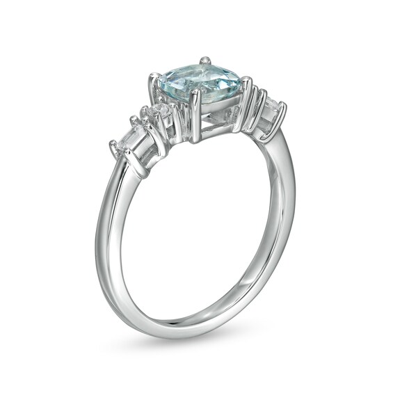 6.0mm Cushion-Cut Aquamarine and 1/6 CT. T.w. Baguette and Round Diamond Side Accent Ring in 14K White Gold