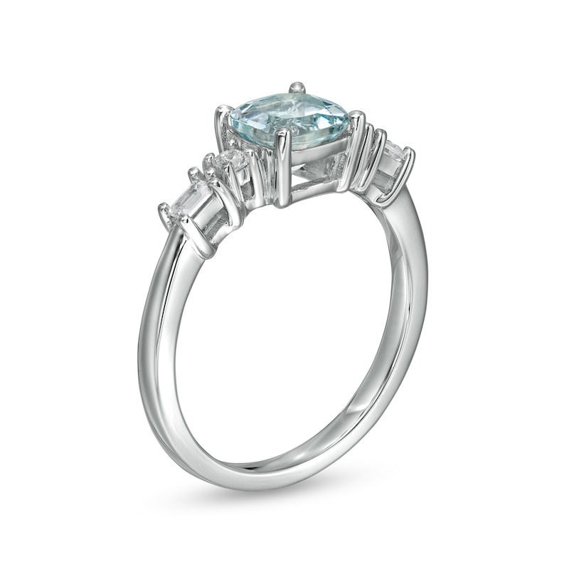 Main Image 3 of 6.0mm Cushion-Cut Aquamarine and 1/6 CT. T.W. Baguette and Round Diamond Side Accent Ring in 14K White Gold