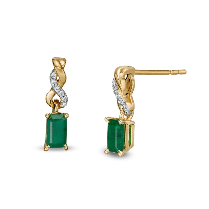 Main Image 1 of Emerald-Cut Emerald and Diamond Accent Twist Drop Earrings in 14K Gold