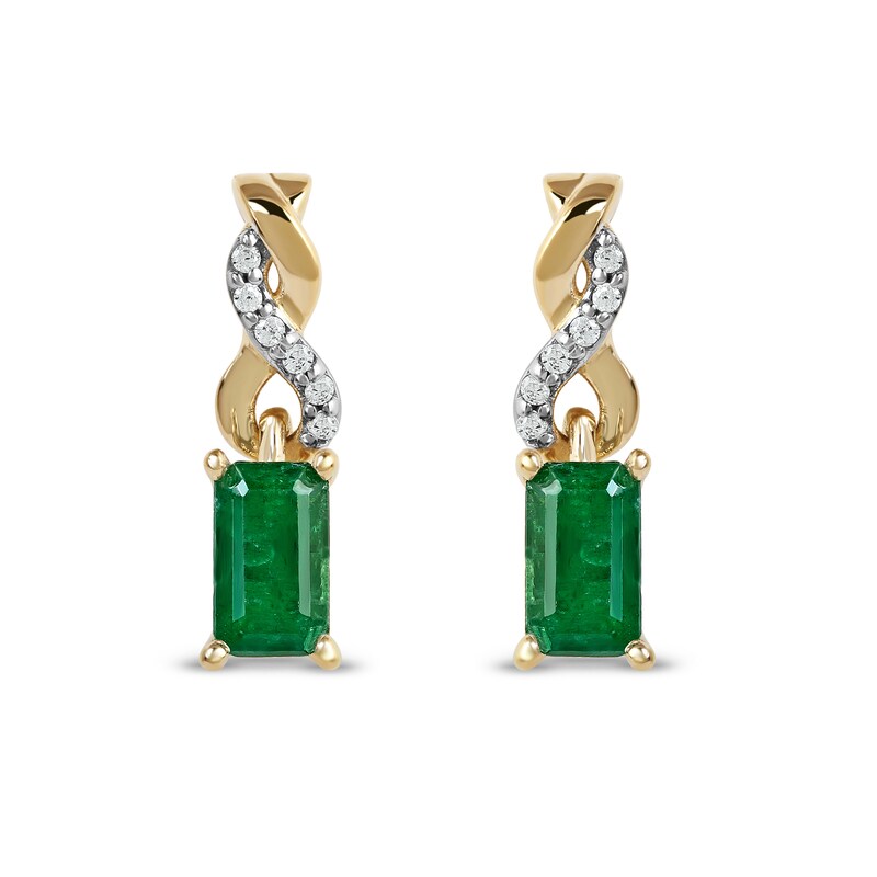 Main Image 2 of Emerald-Cut Emerald and Diamond Accent Twist Drop Earrings in 14K Gold