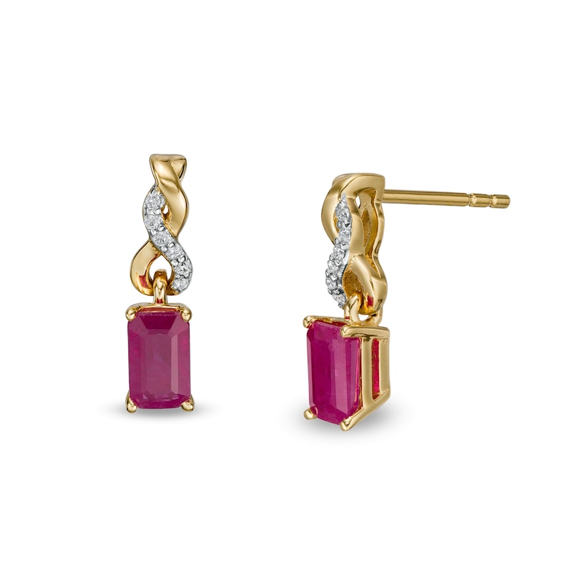 Main Image 1 of Emerald-Cut Ruby and Diamond Accent Twist Drop Earrings in 14K Gold