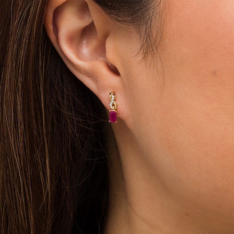 Main Image 2 of Emerald-Cut Ruby and Diamond Accent Twist Drop Earrings in 14K Gold