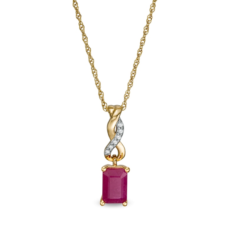 Main Image 1 of Emerald-Cut Ruby and Diamond Accent Twist Drop Pendant in 14K Gold