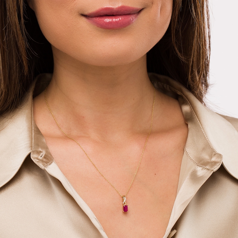 Main Image 2 of Emerald-Cut Ruby and Diamond Accent Twist Drop Pendant in 14K Gold